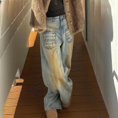 批发欧美式大码设计感刺绣<b class='q'>牛仔裤</b>子女辣妹做旧泥染反转口袋拖地阔腿裤