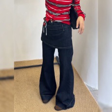 批发美式<b class='q'>大码</b>设计感错位拼接屁帘裙<b class='q'>裤</b>女个性假两件慵懒风微喇叭拖地<b class='q'>裤</b>