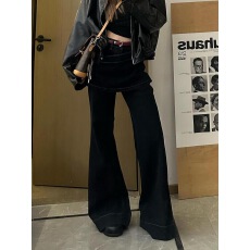 批发美式大码设计感错位拼接屁帘裙裤女辣妹<b class='q'>复古</b>假两件微喇叭拖地长裤