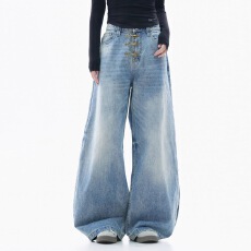 批发美式复古金属扣设计感水洗阔腿<b class='q'>牛仔裤</b>男女情侣廓形弯刀阔腿拖地裤