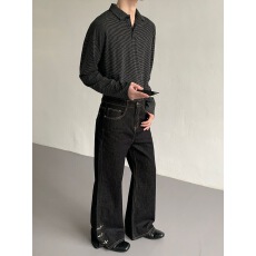 批发小众高级感飞机扣原牛<b class='q'>牛仔裤</b>男女新款微喇叭拖地设计感黑色裤子潮