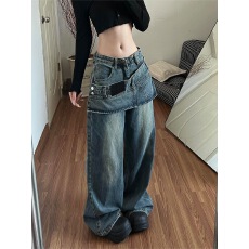 批发美式复古大码假两件屁帘拼接叠穿<b class='q'>裙裤</b><b class='q'>女</b>辣妹设计感小众百搭拖地裤