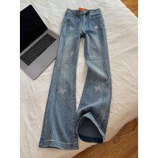 批发韩系浅蓝色烫钻微喇牛仔裤女2026春秋高腰弹力修身显瘦牛仔裤