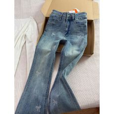 批发复古蝴蝶结烫钻双排扣微喇叭牛仔裤女2026春季满天星高腰裤