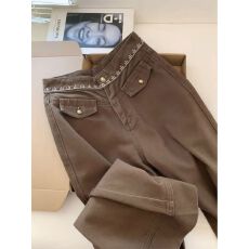 批发美式辣妹复古咖色刺绣直筒牛仔裤女2026春秋高腰百搭拖地阔腿长裤