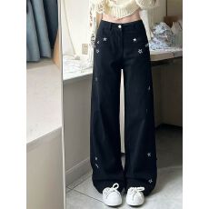 批发黑色星星刺绣阔腿牛仔裤女2026春季新款显瘦梨形身材高腰直筒长裤