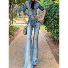 批发美式大码设计感收腰短款<b class='q'>衬衫</b>上衣女辣妹复古做旧低腰微喇叭