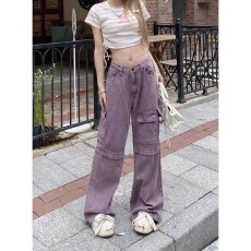 批发个性后松紧腰复古紫色多口袋工装裤<b class='q'>秋</b>新款辣妹宽松显瘦阔腿牛仔裤