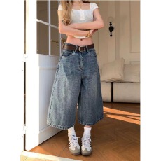 批发新款美式复古格纹牛仔七分裤子男潮流2026夏街头宽松做旧水洗短裤