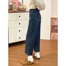 批发2026春季新款满天星烫钻牛仔裤女美式复古高腰显瘦直筒九分裤子潮