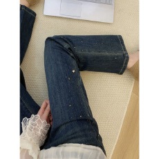 批发满天星烫钻直筒牛仔裤女春季新款高腰显瘦休闲百搭窄版阔腿裤子潮