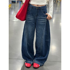 批发美式高街复古蓝弯刀牛仔裤女春季新款高腰显瘦百搭阔腿拖地<b class='q'>裤子</b>