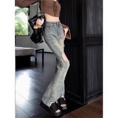 批发辣妹美式复古高腰显瘦破洞<b class='q'>微喇</b>叭<b class='q'>牛仔裤</b>女春夏薄款小个子百搭长裤