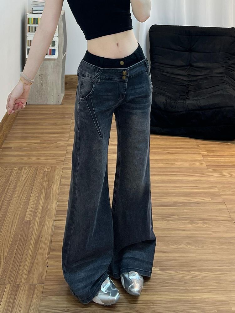 아메리칸 높음 거리 디자인 센스 패치워크 청바지 아이들 여름 핫걸 워싱 마 오래된 슬림해 보이는 다용도 부츠컷 바지 트렌디