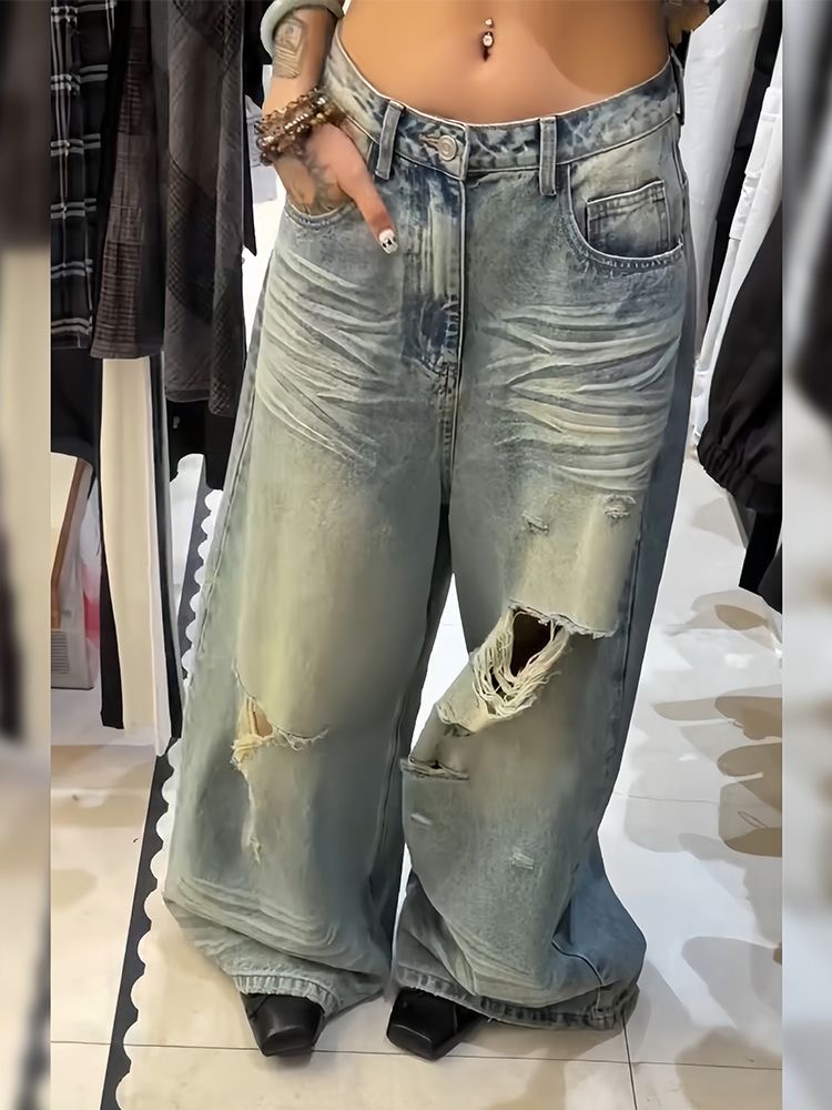 아메리칸 핫걸 디자인 센스 찢어진 부분 청바지 아이들 여름 레트로 루즈핏 워싱 마 오래된 모통이 칼 바닥 청소 바지 트렌디