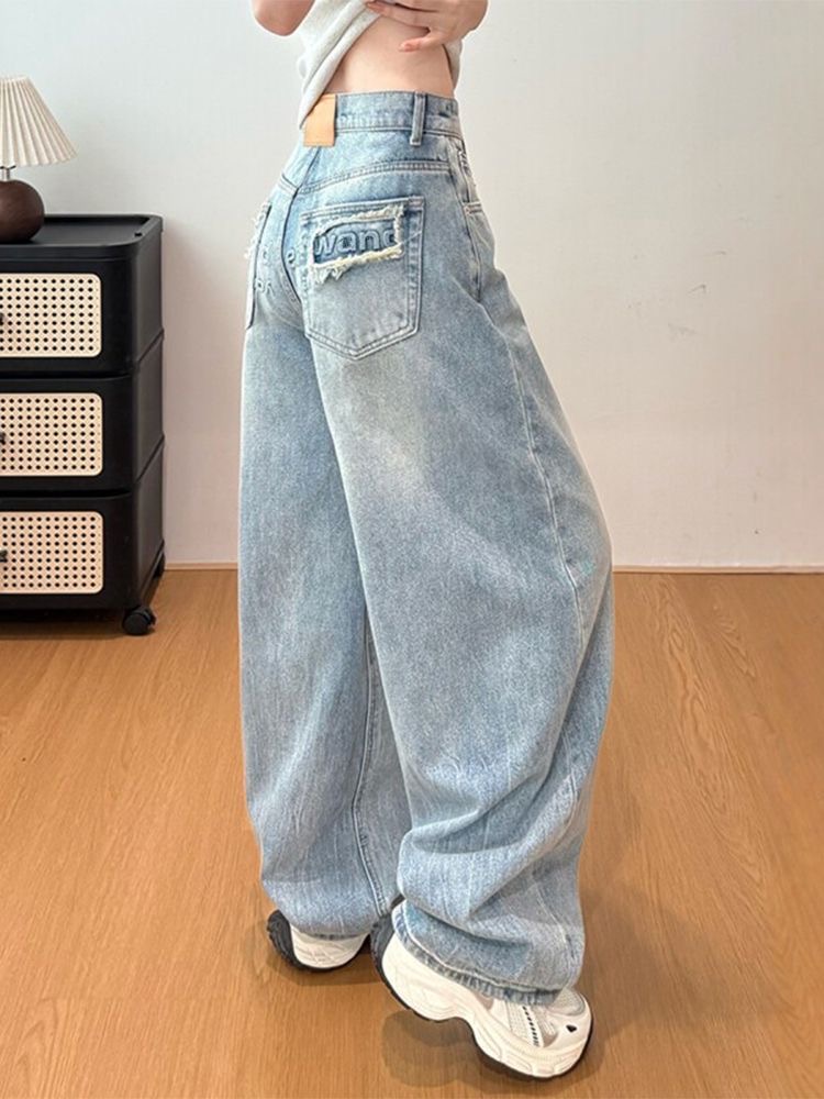 아메리칸 높음 거리 디자인 센스 마이크로 표준 주머니 청바지 아이들 여름 핫걸 루즈핏 느긋한 느슨함 센스 바닥 청소 긴 바지
