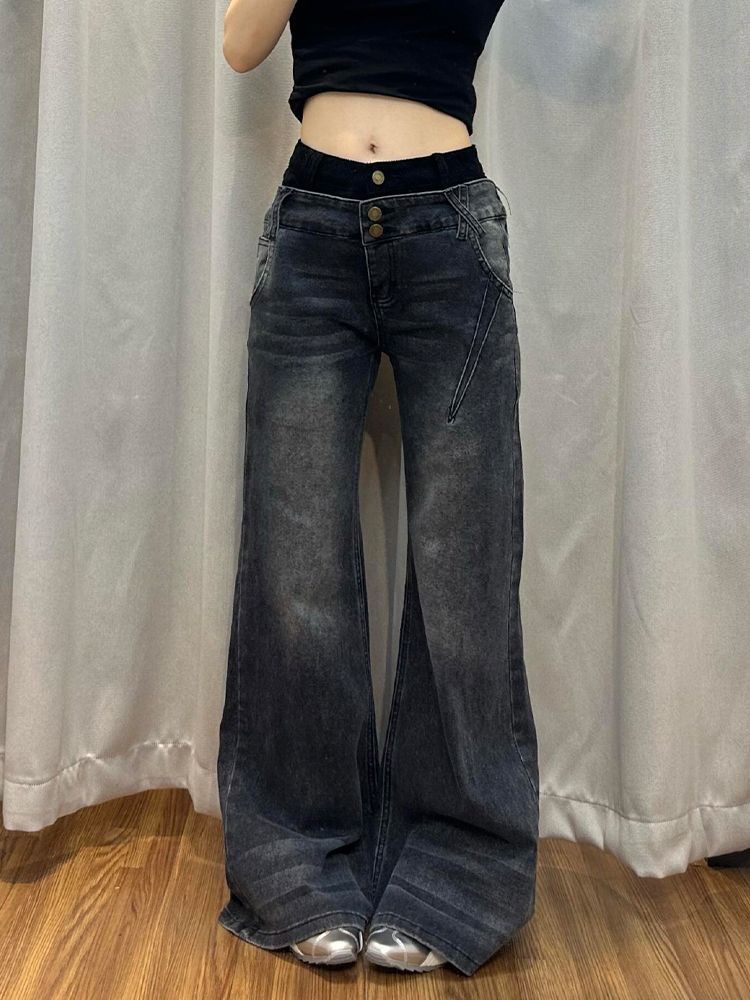 아메리칸 핫걸 디자인 센스 패치워크 청바지 아이들 여름 레트로 워싱 마 오래된 슬림해 보이는 다용도 부츠컷 바지 트렌디