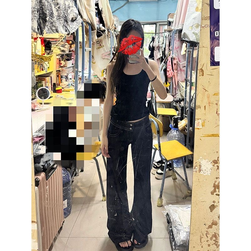 레트로 핫걸 바람 진한 파란색 로우 웨이스트 넓은 다리 청바지 여성 2026 여름 캐주얼 루즈핏 슬림해 보이는 스트레이트 긴 바지 트렌디