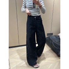美式高街设计感泼墨烫钻牛仔裤子女夏季新款辣妹时尚小众拖地长裤