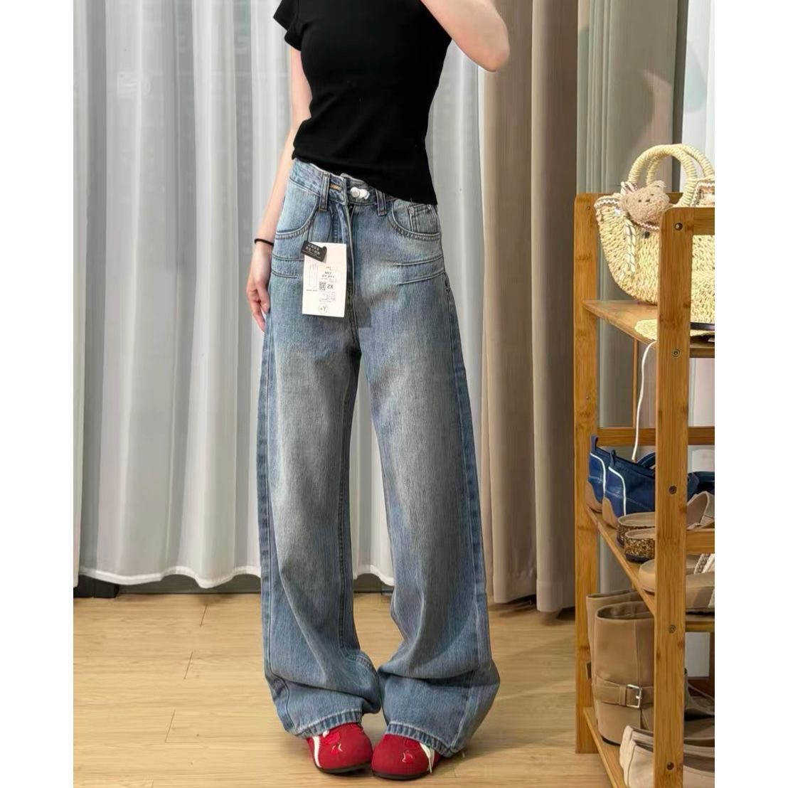 175 키 큰 남자 아메리칸 레트로 워싱 블루 하이웨이스트 넓은 다리 청바지 여성 새로운 루즈핏 슬림해 보이는 바닥 청소 긴 바지