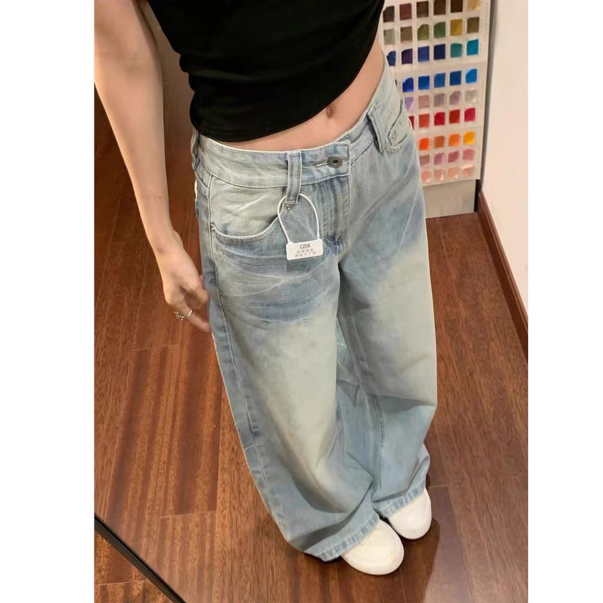 키 큰 남자 아메리칸 레트로 고양이 반드시 春水 블루 넓은 다리 청바지 여성 새로운 하이웨이스트 슬림해 보이는 루즈핏 바닥 청소 긴 바지