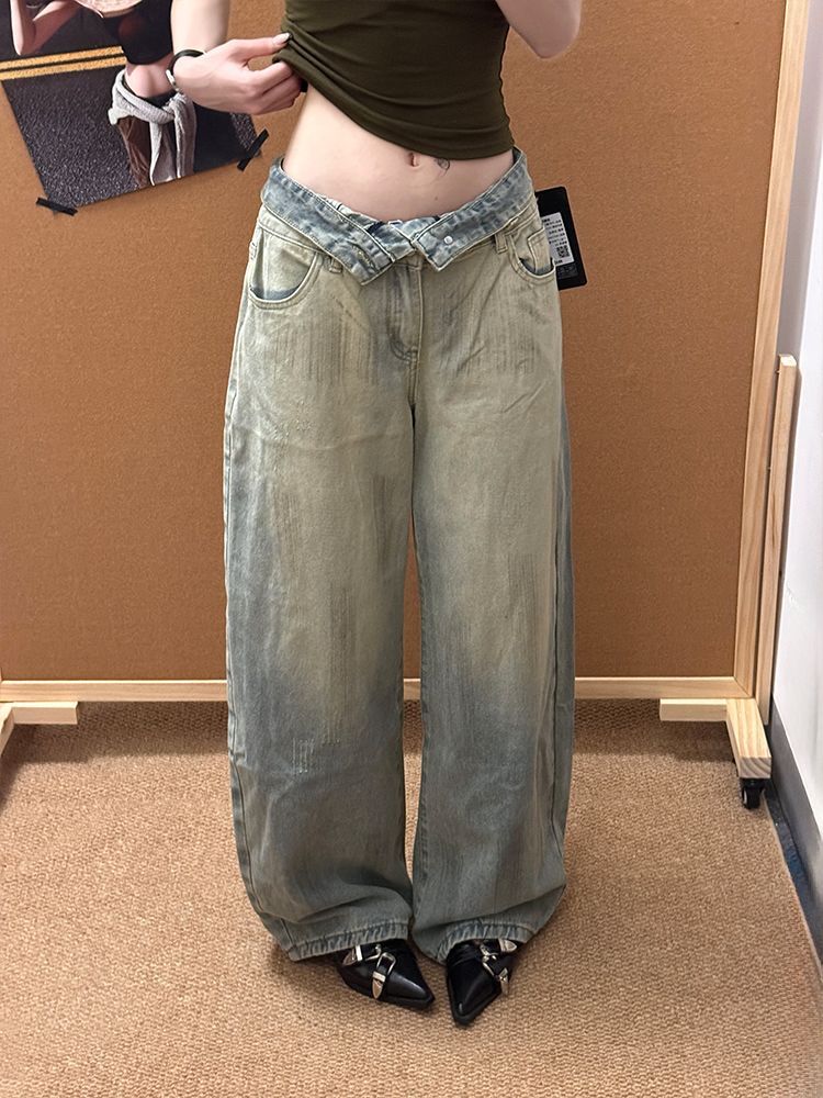 아메리칸 레트로 마 오래된 디자인 센스 청바지 아이들 여름 새로운 핫걸 더블 허리 머리 뒤집다 접기 바닥 청소 모통이 칼 바지