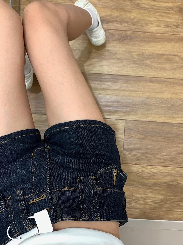 아메리칸 높음 거리 디자인 센스 더블 버클 데님 반바지 아이들 여름 새로운 핫걸 몸매 가꾸기 슬림해 보이는 다용도 핫 바지 트렌디