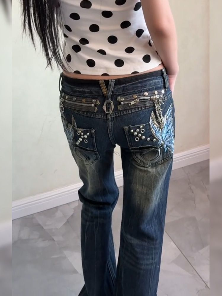 아메리칸 높음 거리 거리 핫걸 디자인 센스 마 오래된 워싱 나비 자수 청바지 아이들 여름 몸매 가꾸기 부츠컷 바지