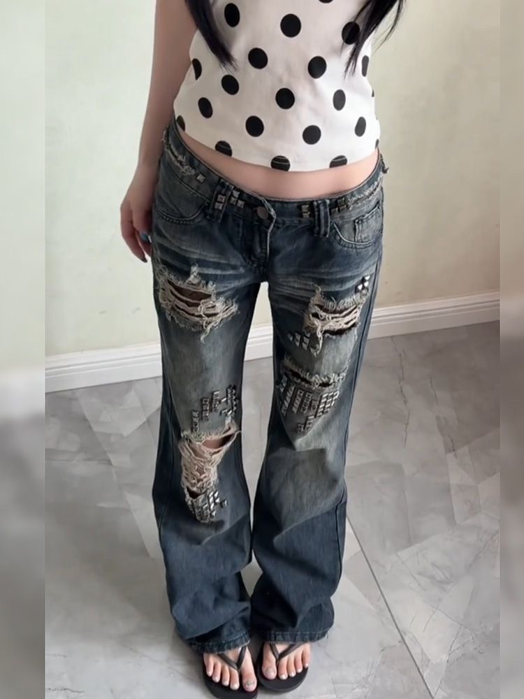 아메리칸 높음 거리 핫걸 징 패치워크 디자인 센스 마 오래된 워싱 청바지 아이들 여름 몸매 가꾸기 슬림해 보이는 부츠컷 바지