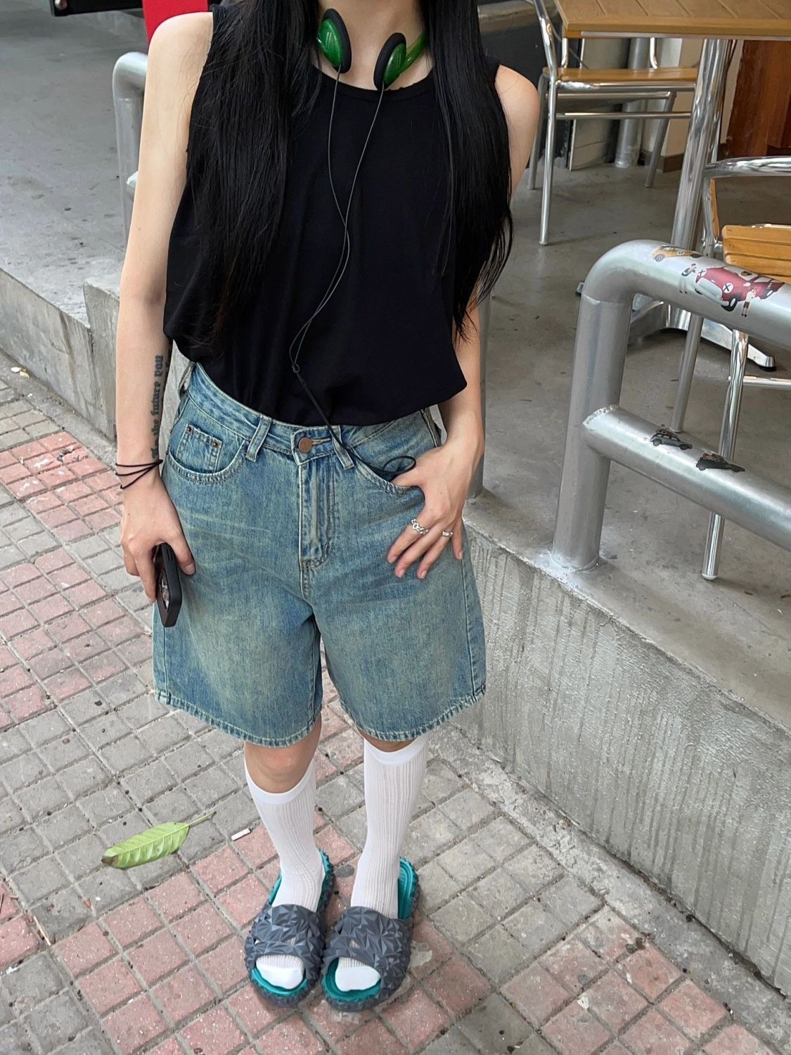 빅 사이즈 아메리칸 레트로 5 점 청바지 여성 여름 지방 mm 다용도 루즈핏 슬림해 보이는 하이웨이스트 넓은 다리 캐주얼 바지