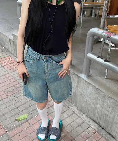 빅 사이즈 아메리칸 레트로 5 점 청바지 여성 여름 지방 mm 다용도 루즈핏 슬림해 보이는 하이웨이스트 넓은 다리 캐주얼 바지