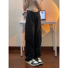 批发美式复古高街可调节腰带黑色工装裤女秋季<b class='q'>大码</b>宽松直筒阔腿裤子潮
