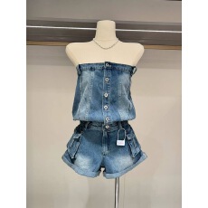 批发美式辣妹设计感小众<b class='q'>牛仔</b>裤子女夏季新款复古时尚百搭卷边连体短裤