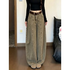 批发美式高街辣妹设计感军绿色做旧水洗牛仔<b class='q'>裤</b>子2026新款女阔腿拖地<b class='q'>裤</b>