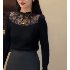 批发2025秋冬新款镂空半高领拼接<b class='q'>泡泡袖</b>蕾丝衫上衣