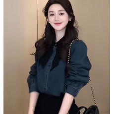 批发2026新款早春季复古港风翻领蝴蝶结轻职风水洗深蓝<b class='q'>牛仔</b><b class='q'>衬衫</b>