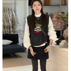 批发【小熊马甲】新款韩系叠穿无袖毛衣马甲+立领木耳边长袖加绒衬衫