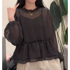 批发2026 春款<b class='q'>森女</b>系波点花边领长袖百搭衬衫➕吊带两件套