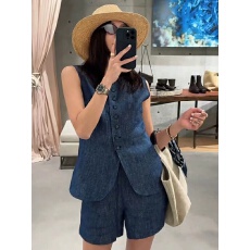 批发复古蓝亚麻<b class='q'>牛仔</b>套装女2025夏港风休闲无袖马甲开衫短裤时尚两件套