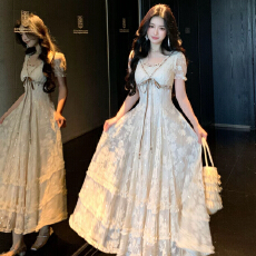 批发Blovelan栗色花藤 法式温柔风蕾丝连衣<b class='q'>裙</b>女泡泡袖收腰显瘦长<b class='q'>裙</b>子