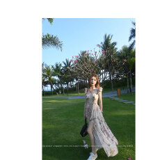 批发DoggyQin/枯木逢春 法式小飞袖印花连衣<b class='q'>裙</b>夏季自带胸垫鱼骨长<b class='q'>裙</b>