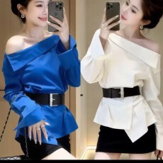 批发夏季上新法式气质设计感穿搭套装女斜肩长袖<b class='q'>衬衫</b>