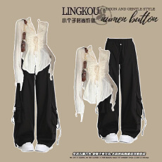 批发时尚套装#杏色<b class='q'>雪纺</b>防晒衬衫修身长袖衬衣搭配美式复古工装阔腿裤