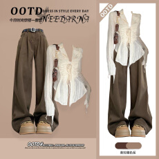 批发时尚套装#杏色<b class='q'>雪纺</b>防晒衬衫修身长袖搭配复古高腰显瘦直筒拖地裤