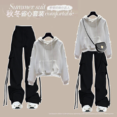 批发时尚套装#蕾丝蝴蝶结<b class='q'>t</b><b class='q'>恤</b>女长袖宽松上衣搭配美式外穿直筒工装裤