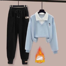 批发时尚套装#学院风假两件时尚宽松上衣搭配束脚卫裤女宽松<b class='q'>哈伦裤</b>