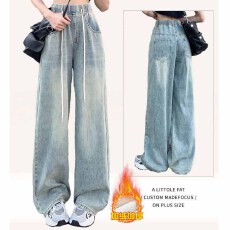 批发2025年新款女装复古松紧腰抽绳牛仔裤女<b class='q'>高腰</b>显瘦直筒阔腿加绒<b class='q'>长裤</b>