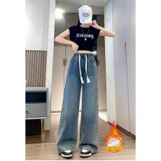 批发松紧腰抽绳高级感学生拖地阔腿裤2025秋冬季新款加绒弹力<b class='q'>牛仔裤</b>女