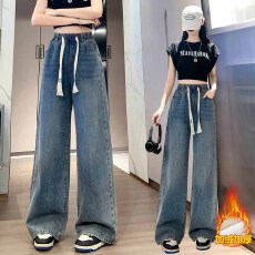 批发2025秋冬季新款加绒弹力<b class='q'>牛仔裤</b>女松紧腰抽绳高级感学生拖地阔腿裤