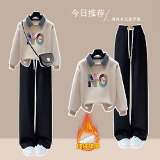 批发时尚套装#小众慵懒风假两件上衣搭配显瘦直筒加绒保暖拖地休闲裤